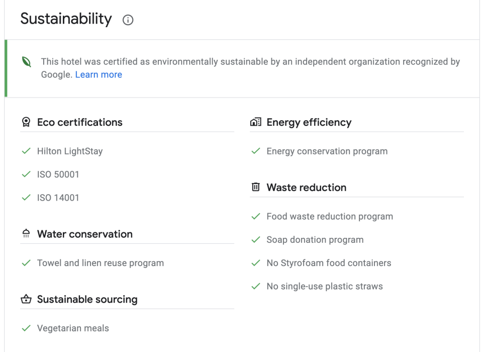 Hotels on Google now have a "Sustainability" section that describes their practices.