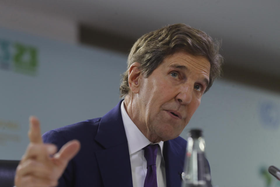 U.S. government’s climate envoy, John Kerry, speaks during a press availability at the Africa Climate Summit in Nairobi, Kenya Tuesday, Sept. 5, 2023. John Kerry acknowledged the "acute, unfair debt." He also said 17 of the world's 20 countries most impacted by climate change are in Africa, while the world's 20 richest nations, including his own, produce 80% of the world's carbon emissions that are driving climate change. (AP Photo/Brian Inganga)