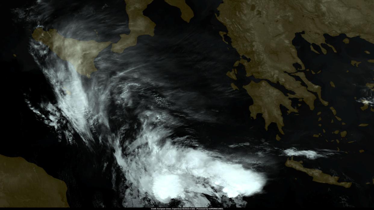 Imagen satelital del medicán Daniel moviéndose hacia las costas de Libia el 10 de septiembre de 2023.