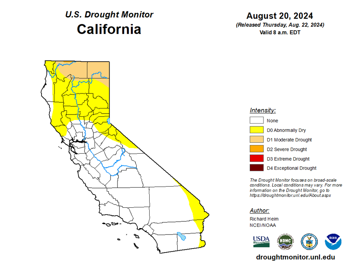 About 33.4% of California is under “abnormally dry conditions” as of Thursday, Aug. 22, 2024, according to the U.S. Drought Monitor. About 6.9% of the state is under “moderate drought” conditions and 0.1% is under “severe drought” conditions.