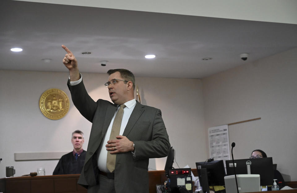 Washington County First Assistant District Attorney Christian P. Morris delivers opening statements in Kevin Monahan's murder trial, Thursday, Jan. 11, 2024, at the Washington County Courthouse in Fort Edward, N.Y. Monahan, 66, is accused of fatally shooting 20-year-old Kaylin Gillis on the night of April 15, 2023, after she and friends accidentally pulled into his driveway in rural Hebron. He is charged with second-degree murder, reckless endangerment and tampering with physical evidence. (Will Waldron/The Albany Times Union via AP, Pool)