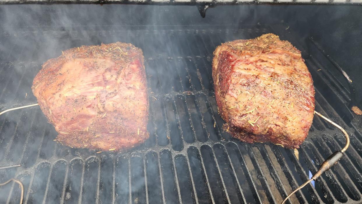 Christmas Day prime rib roasts being smoked.