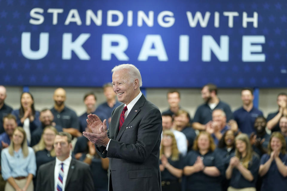 FILE - President Joe Biden smiles before speaking on security assistance to Ukraine during a visit to the Lockheed Martin Pike County Operations facility where they manufacture Javelin anti-tank missiles, May 3, 2022, in Troy, Ala. (AP Photo/Evan Vucci, File)