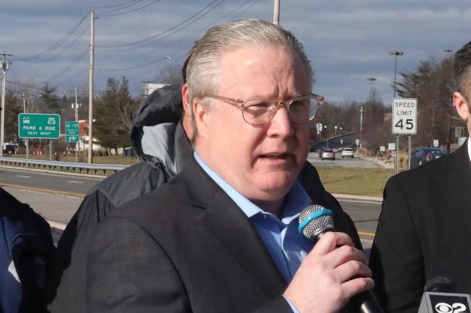 At Rt. 59 in West Nyack, NY State Senator Bill Weber speaks about plans to get the state to help in remediating the flooding that frequently shuts down the road as well as other areas in the town Jan. 11, 2024.