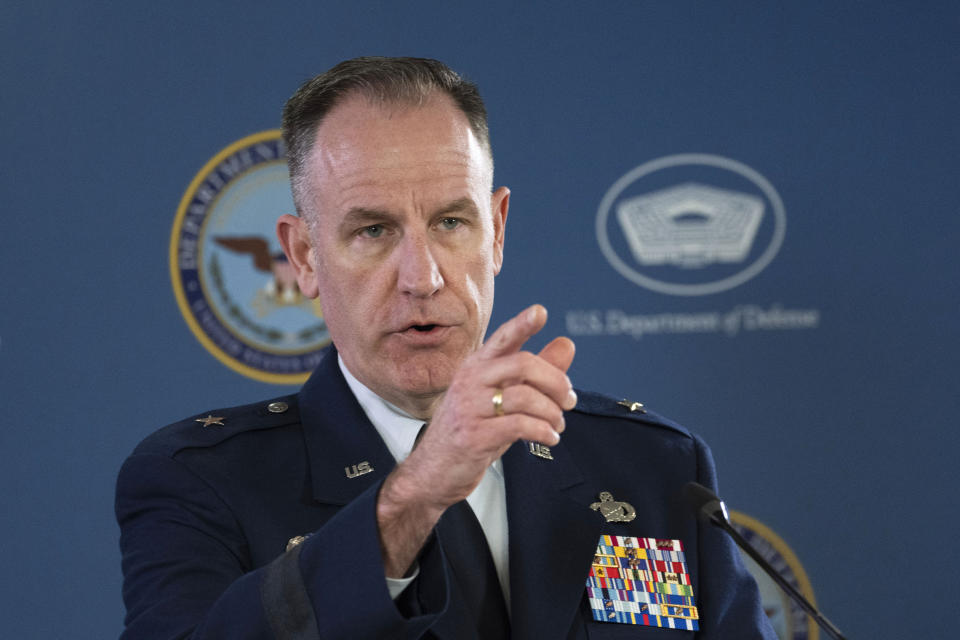 Pentagon spokesman Air Force Brig. Gen. Patrick Ryder speaks during a briefing at the Pentagon in Washington, Thursday, March 30, 2023. (AP Photo/Manuel Balce Ceneta)