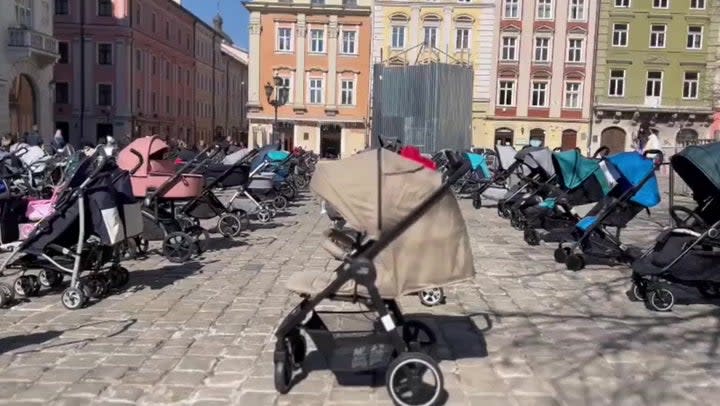 The empty prams in Rynok Square, in the city of Lviv