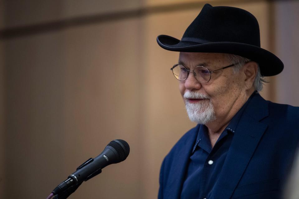 Songwriter, Gary Nicholson, speaks during the Nashville Songwriters Hall of Fame Foundation  press conference where the inductees for the  Nashville Songwriters Hall of Fame were announced at a private gathering on Music Row in Nashville , Tenn., Tuesday, Aug. 2, 2022.