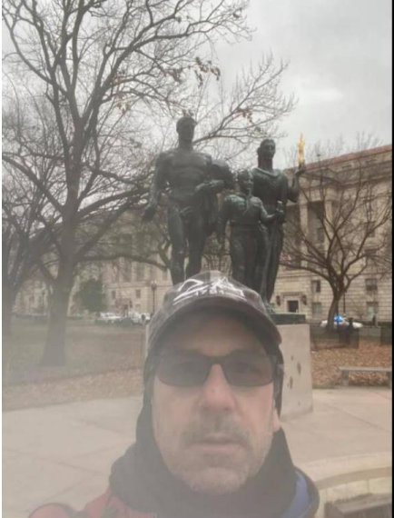 On January 5, 2021, Anthony Puma, 47, of Brownstown Twp.,  posted this photo of himself on Facebook, standing in front of a statue in  Washington D.C. He is charged with breaking into the Capitol during the Jan. 6 riot.