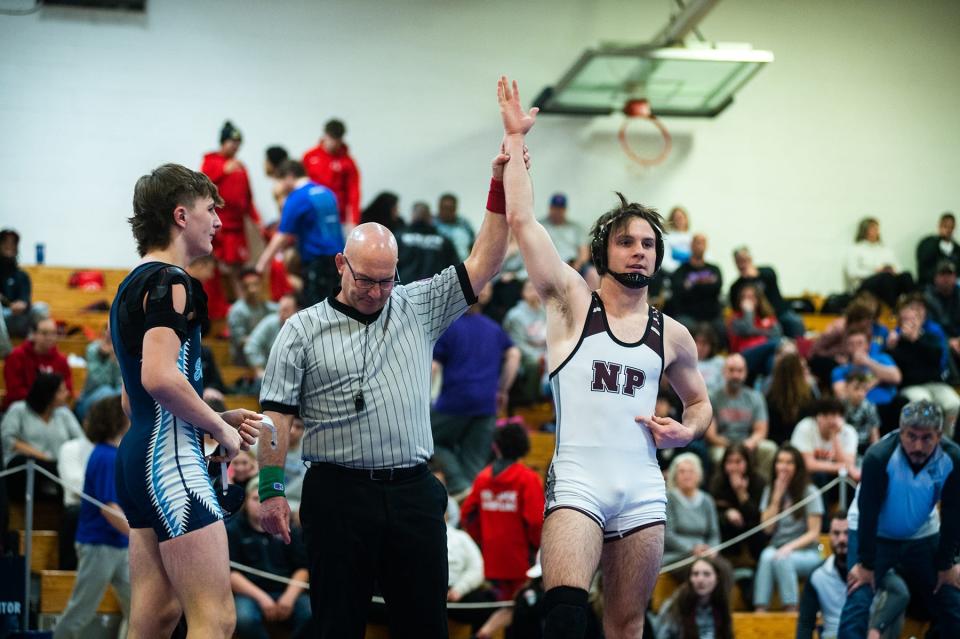 New Paltz's Justin Coiteux wins the 145 pound weight class match during the division 2 Section 9 wrestling championship at SUNY Ulster in Stone Ridge, NY on Sunday, February 12, 2023.