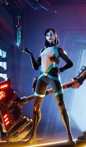 Domino's Fortnite character balancing a knife on her finger