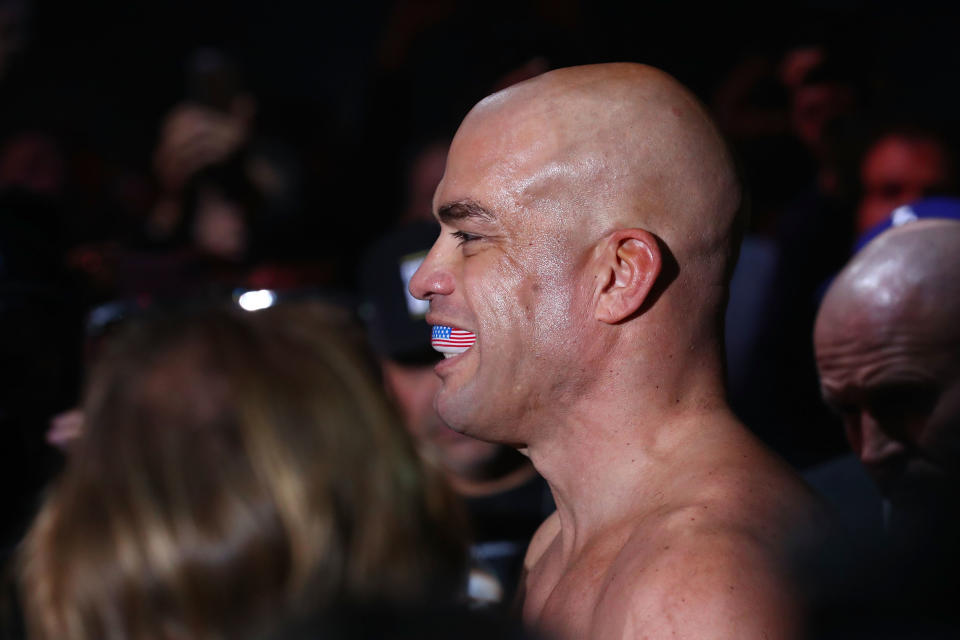 INGLEWOOD, CA - NOVEMBER 24:  Tito Ortiz smiles as he enters the octagon prior to his Light Heavyweight bout against Chuck Liddell at The Forum on November 24, 2018 in Inglewood, California. (Photo by Joe Scarnici/Getty Images)