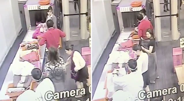 The guard (top left) as bags go through the X-ray and (right) opening the handbag. Source: Newsflare