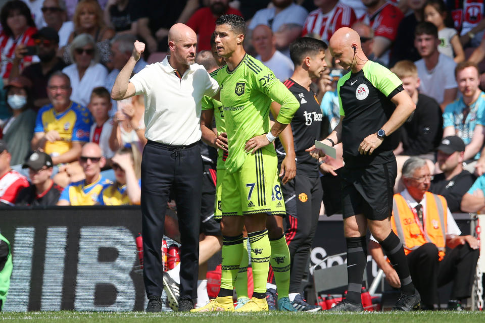 SOUTHAMPTON, ENGLAND - AUGUST 27: Erik ten Hag speaks to Cristiano Ronaldo of Manchester United after they received medical treatment during the Premier League match between Southampton FC and Manchester United at Friends Provident St. Mary's Stadium on August 27, 2022 in Southampton, England. (Photo by Steve Bardens/Getty Images)