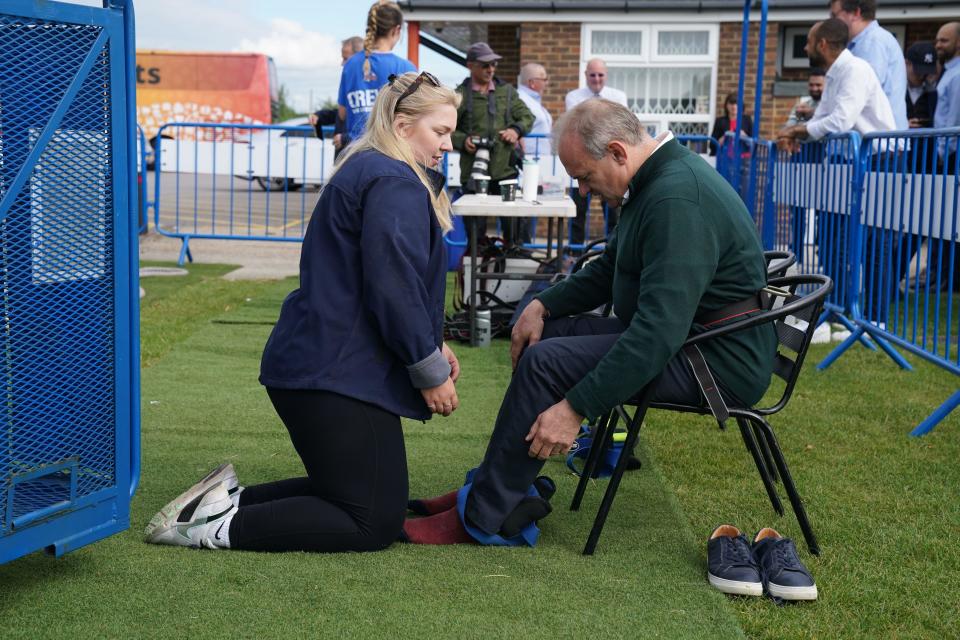 Liberal Democrat leader Sir Ed Davey before taking part in a bungee jump during a visit to Eastbourne Borough Football Club in East Sussex, while on the General Election campaign trail. Picture date: Monday July 1, 2024.