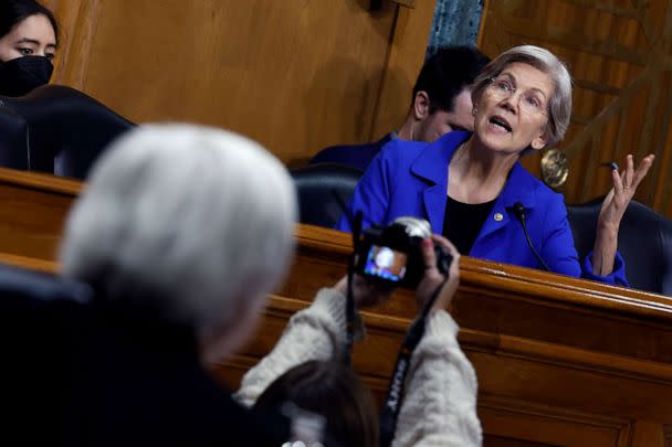 PHOTO: Senate Finance Committee member Sen. Elizabeth Warren questions U.S. Treasury Secretary Janet Yellen during a hearing about the Biden Administration's FY2024 federal budget proposal on Capitol Hill, March 16, 2023, in Washington, D.C. (Chip Somodevilla/Getty Images)