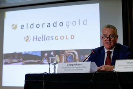 President and Chief Executive Officer of Canadian Eldorado Gold Corporation George Burns addresses journalists during a news conference in Athens, Greece, September 11, 2017. REUTERS/Alkis Konstantinidis