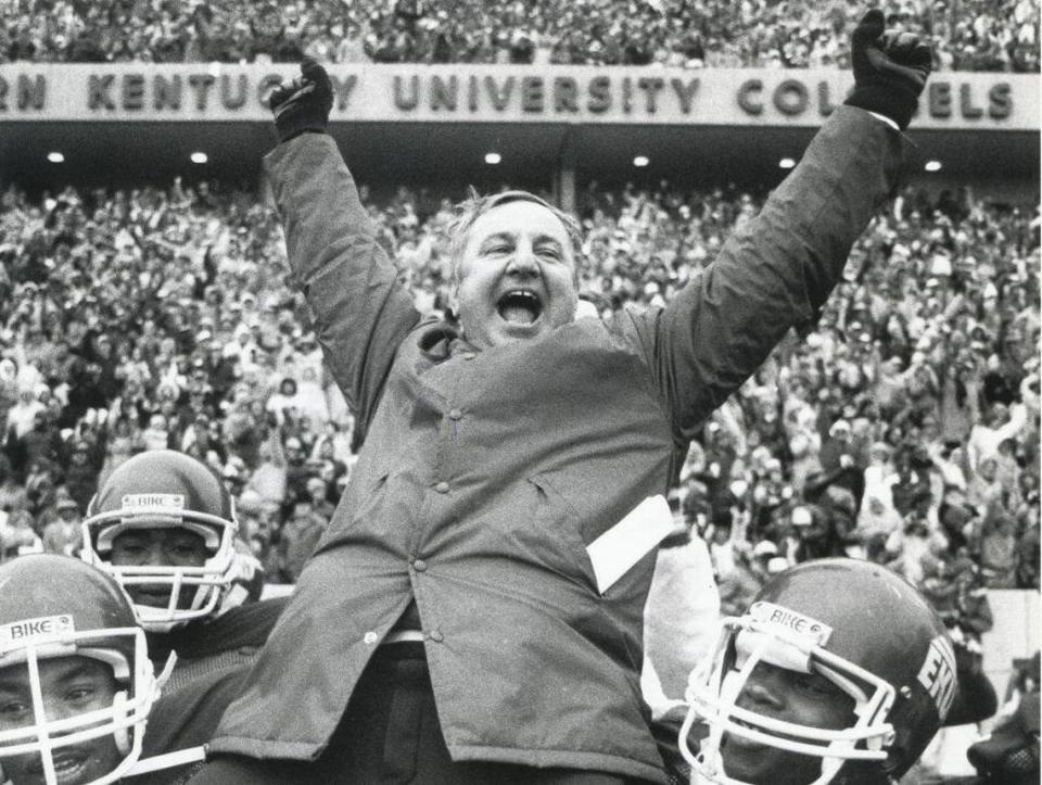 Roy Kidd received a ride to the locker room after Eastern Kentucky earned its fourth straight trip to the NCAA Division I-AA football championship game with a 13-7 victory over Tennessee State in 1982.