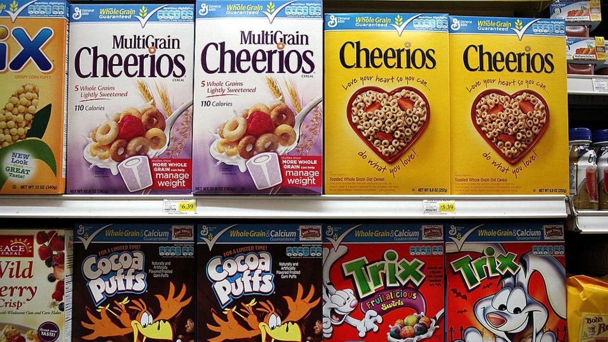 <div>Boxes of General Mills cereals sit on the shelf at Santa Venetia Market on March 18, 2011 in San Rafael, California. (Photo by Justin Sullivan/Getty Images)</div>