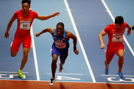 FILE PHOTO: Christian Coleman of the U.S. wins 60m final at Arena Birmingham, Birmingham, Britain - March 3, 2018. REUTERS/Phil Noble/File Photo