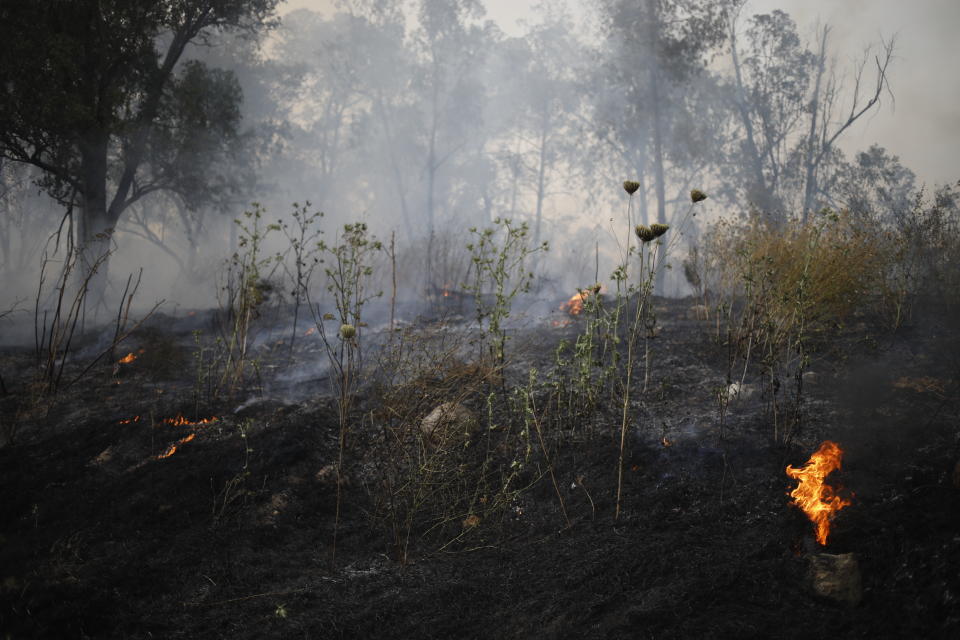 Smoke rises as a wildfire rages near Kibbutz Harel, Israel Thursday, May 23, 2019. Israeli police have ordered the evacuation of several communities in southern and central Israel as wildfires rage amid a major heatwave. (AP Photo/Ariel Schalit)
