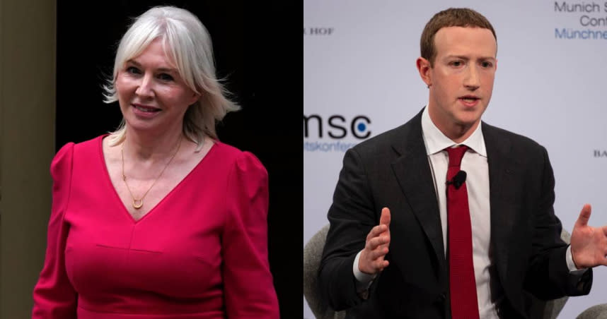 英國文化部長多里斯（Nadine Dorries）（左）、臉書創辦人祖克柏（Mark Zuckerberg）（右）。（圖／達志／美聯社）