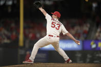 St. Louis Cardinals relieving pitcher Andre Pallante (53) delivers during the sixth inning of a baseball game against the Toronto Blue Jays, Monday, May 23, 2022, in St. Louis. (AP Photo/Arnold J. Ward)