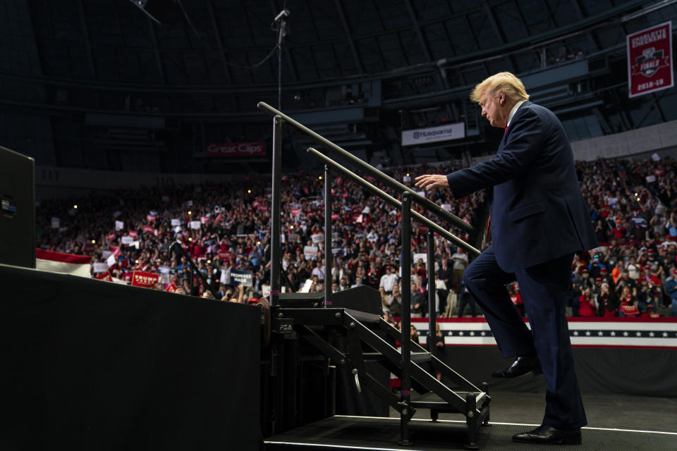 FILE - In this March 2, 2020, file photo President Donald Trump arrives to speak at a campaign rally at Bojangles Coliseum in Charlotte, N.C. Six months from Election Day, Trump’s prospects for winning a second term have been jolted by a historic pandemic and a cratering economy, rattling some of his Republican allies and upending the playbook his campaign had hoped to be using by now against Democratic Joe Biden. (AP Photo/Evan Vucci, File)
