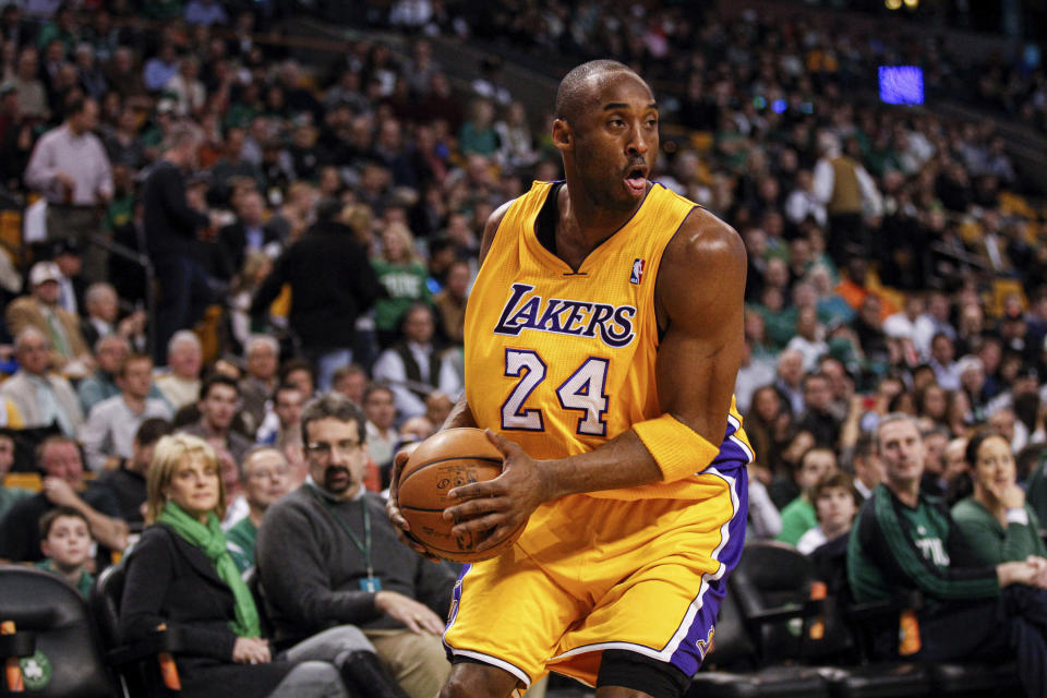 Feb 09, 2012; Boston, MA, USA; Los Angeles Lakers shooting guard Kobe Bryant (24) on the court against the Boston Celtics at the TD Garden. Mandatory Credit: David Butler II-USA TODAY Sports