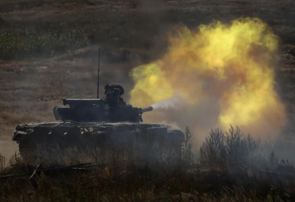 Ukrainian tank crews attend a military exercise in North Ukraine (Reuters)