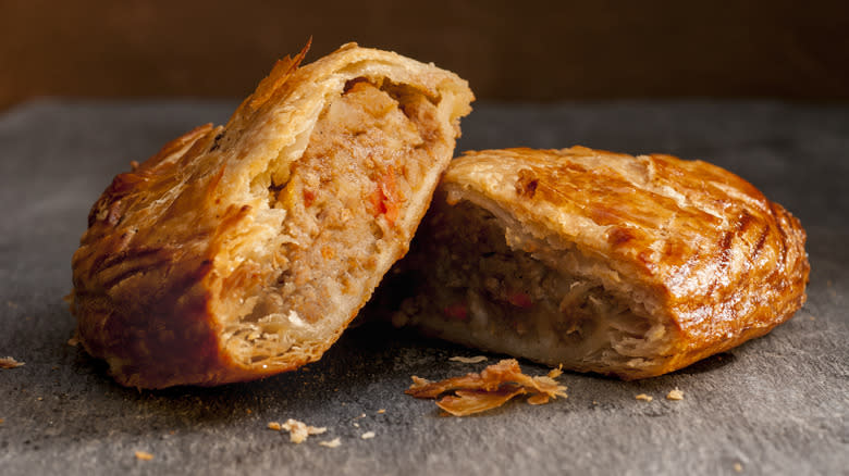 Cornish pasty cut in half