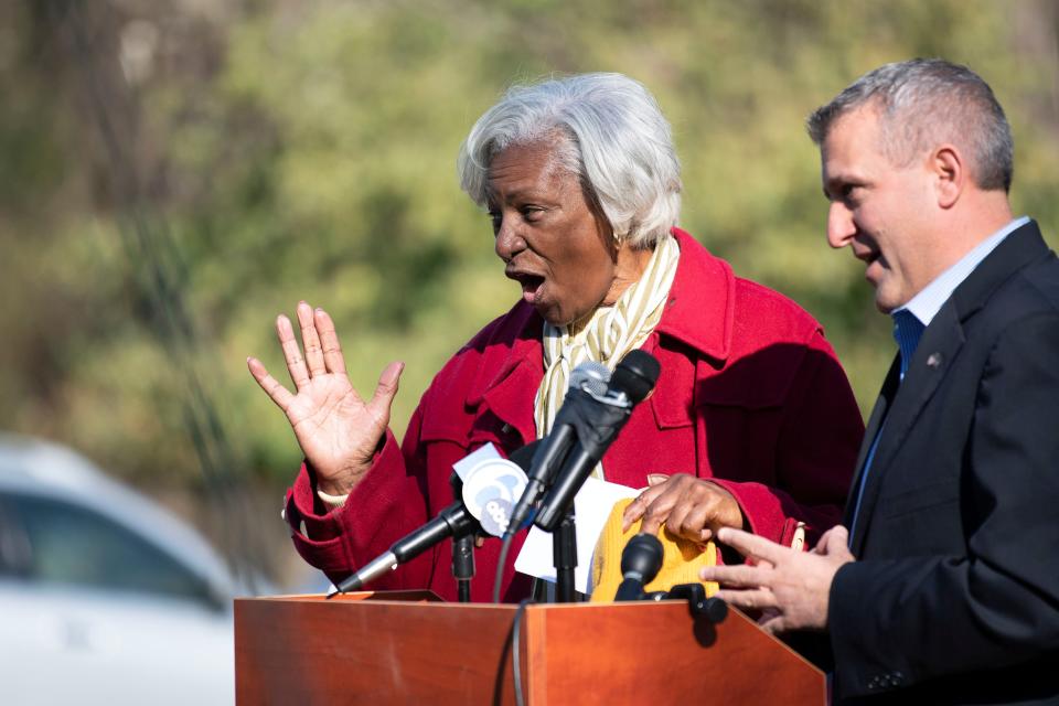 President and Executive Director Linda Salley reacts to a quarter-million-dollar donation sponsored by State Rep. Frank Farry and State Sen. Robert Tomlinson, at the groundbreaking ceremony of African American Museum of Bucks County's new permanent home in Middletown Township on Wednesday, Nov. 23, 2022.