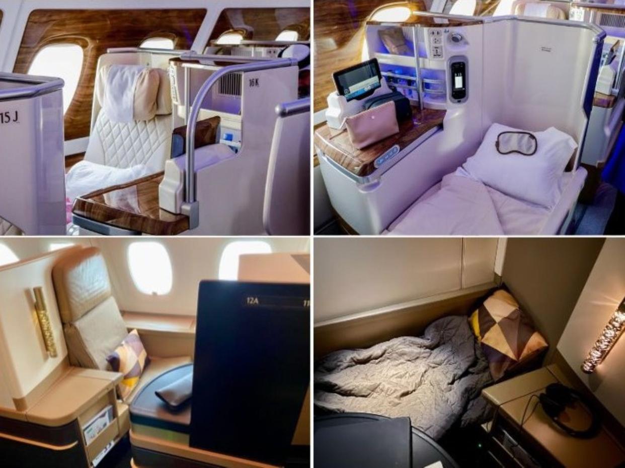 Emirates business class seat with lie-flat bed stitched with the same for Etihad.