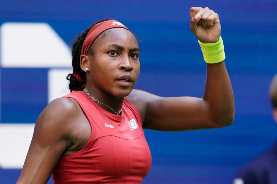 Coco Gauff, of the United States, celebrates after winning a point against Caroline Wozniacki, of Denmark, during the fourth round of the U.S. Open tennis championships, Sunday, Sept. 3, 2023, in New York. (AP Photo/Eduardo Munoz Alvarez)