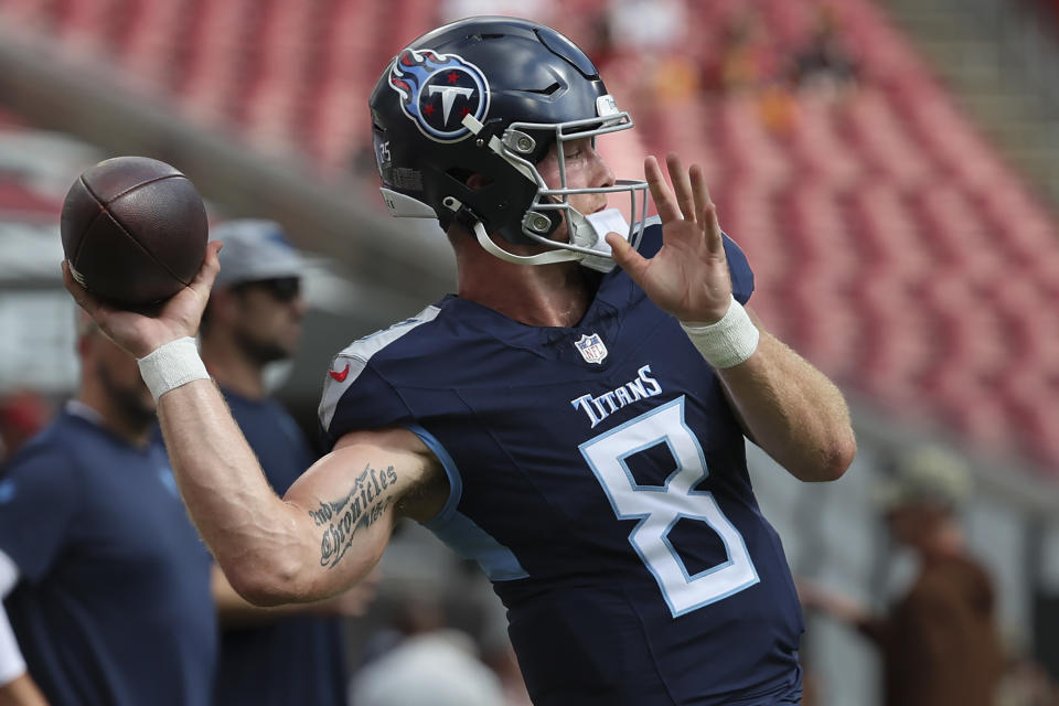 Tennessee Titans quarterback Will Levis (8) warms up before an NFL football game against the Tampa Bay Buccaneers, Sunday, Nov. 12, 2023, in Tampa, Fla. (AP Photo/Mark LoMoglio)