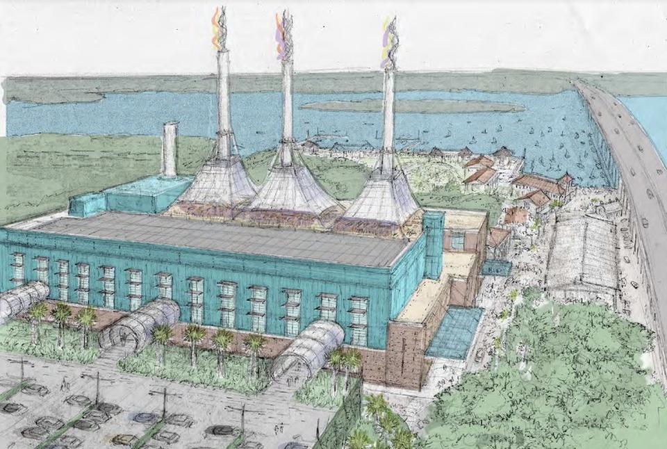 The old Vero Beach power plant at 17th Street and Indian River Boulevard is seen looking east in a rendering done Jan. 31, 2020, by DPZ, city planning consultants. One proposal for the three corners the city owns there is to turn the plant into a conference center and adjacent hotel with rooftop dining, perhaps under awnings attached to the smokestacks. Parking is depicted, lower left.