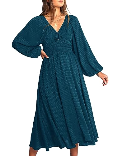 YOVION Women's 2023 Fall Dress Plaid Puff Long Sleeve Sweetheart V Neck Ruffle Loose Flowy Midi Dresses (Teal Blue, XL)