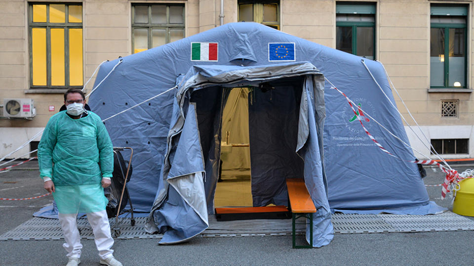 Picture of a staff member assigned for Coronavirus tests at the Molinette makeshift hospital, during the nationwide lockdown in Italy. 