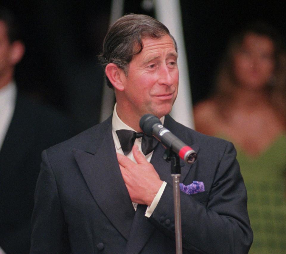 Charles, then the Prince of Wales, shares a lighter moment during his 1996 speech at the New York Yacht Club's summer home in Newport. He was attending a fundraiser for the Mary Rose Trust.