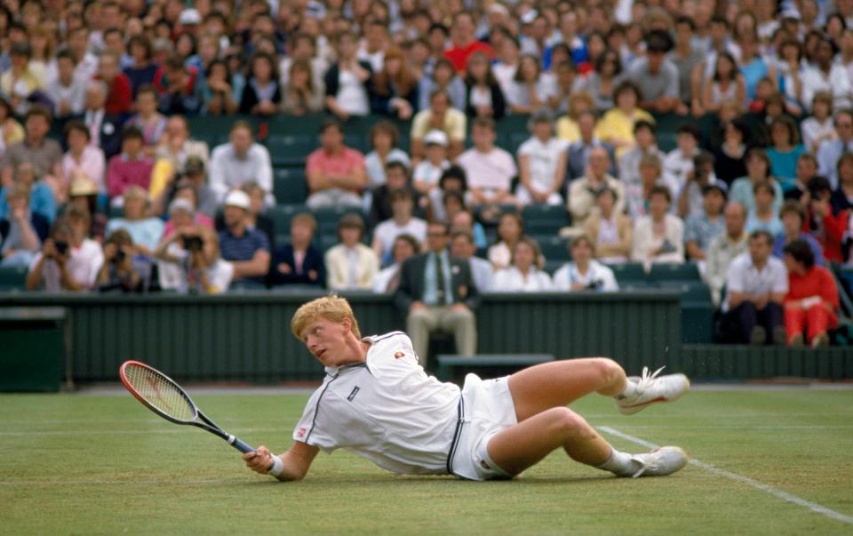Boris Becker en route to winning the men's singles championship at Wimbledon in 1986 - Professional Sport/Popperfoto via Getty Images