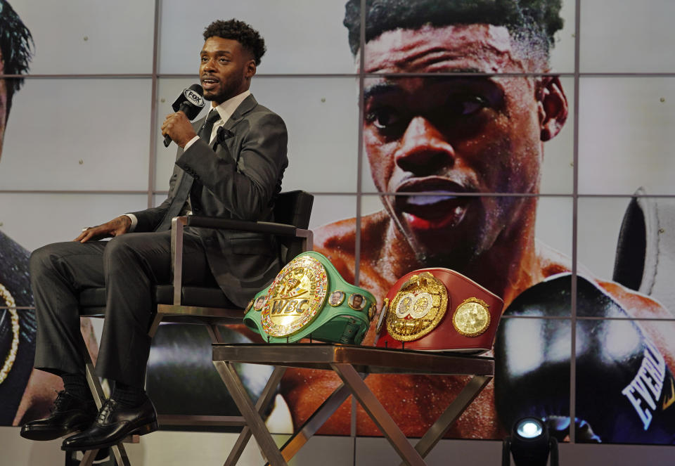 Errol Spence Jr., takes questions about his upcoming boxing match against Manny Pacquiao, at a news conference at the Fox Studios lot in Los Angeles, Sunday, July 11, 2021. (AP Photo/Damian Dovarganes)