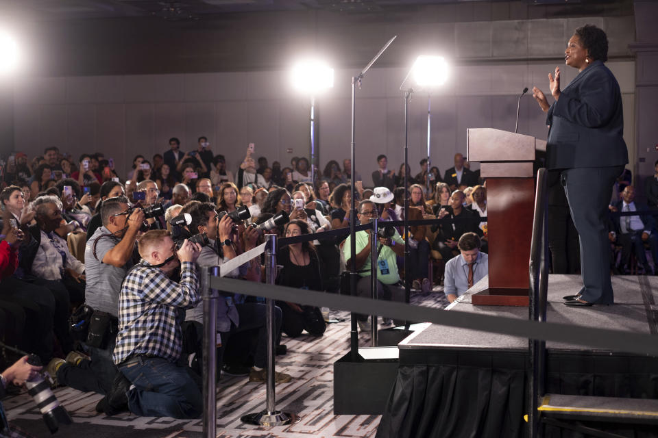 Stacey Abrams, Democratic candidate for Georgia governor, gives a concession speech in Atlanta on Tuesday, Nov. 8, 2022. (AP Photo/Ben Gray)