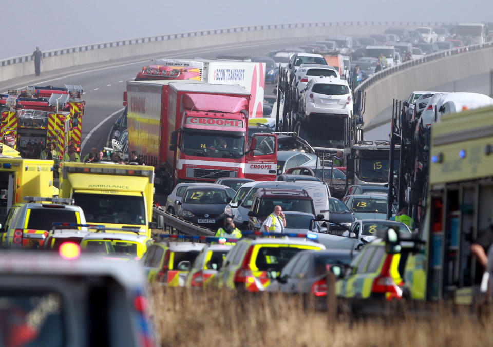 A general view of the scene on the London bound carriageway of the Sheppey Bridge Crossing near Sheerness in Kent following a multi vehicle collision earlier this morning.