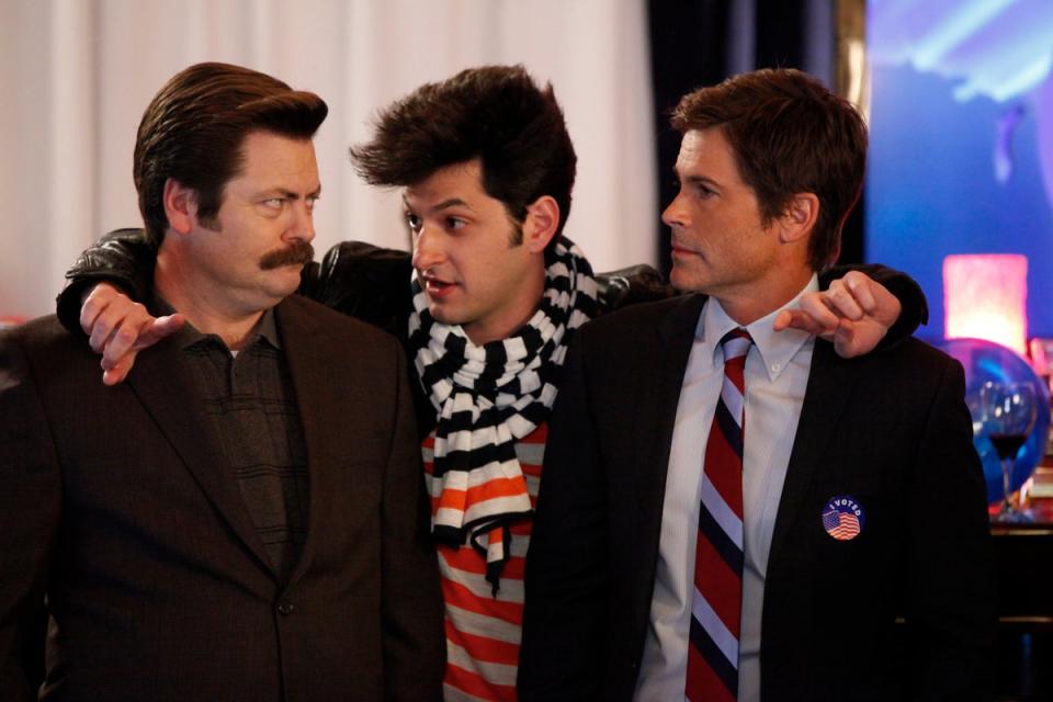 Jean-Ralphio (Schwartz), in between Nick Offerman and Rob Lowe in ‘Parks and Recreation' (Tyler Golden/NBC)