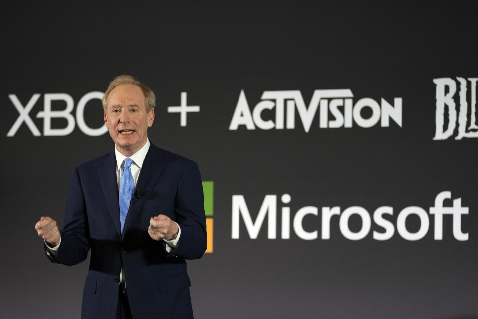 FILE - Microsoft President Brad Smith addresses a media conference regarding Microsoft's acquisition of Activision Blizzard and the future of gaming in Brussels, Tuesday, Feb. 21, 2023. Microsoft's charm offensive with the world's governments is starting to lose some of its charm as the software giant is confronting some of its toughest antitrust scrutiny since co-founder Bill Gates was in charge. (AP Photo/Virginia Mayo, File)