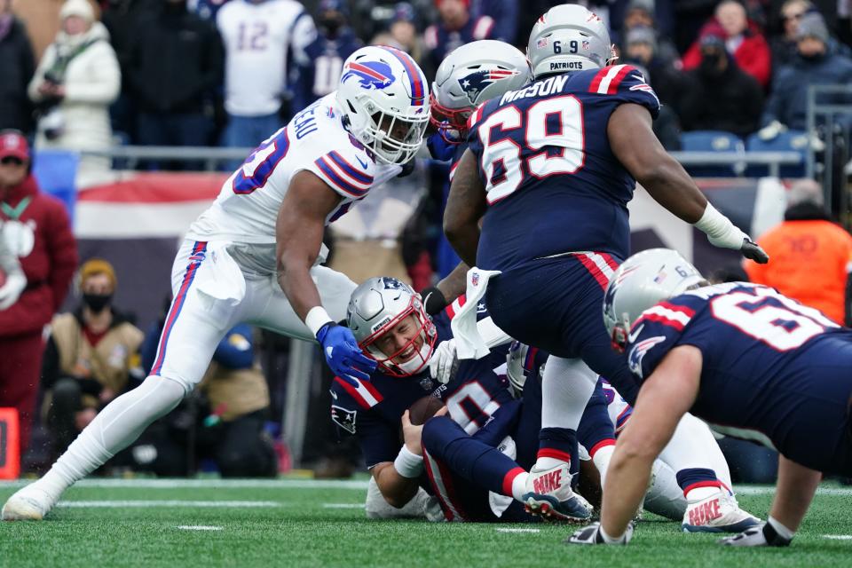 Ed Oliver sacked Patriots QB Mac Jones in the Bills 33-21 regular-season victory at Gillette Stadium last season.