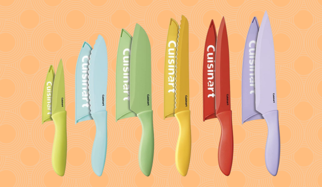 Set of multicolored knifes with sleeves.