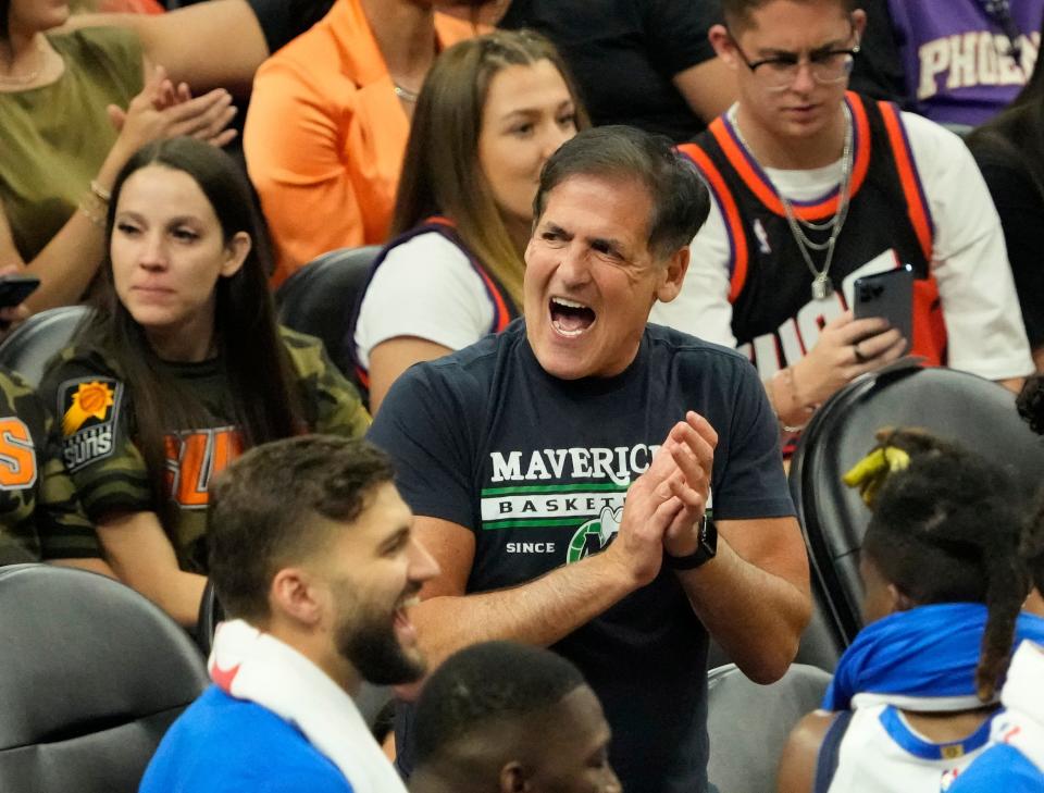 May 15, 2022; Phoenix, Ariz..U.S.; Dallas Mavericks owner Mark Cuban celebrates during the final minutes of game 7 of the Western Conference semifinals against the Phoenix Suns at Footprint Center.