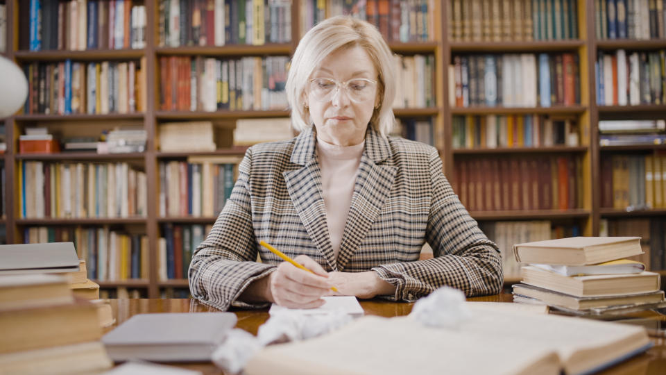 A woman in a library