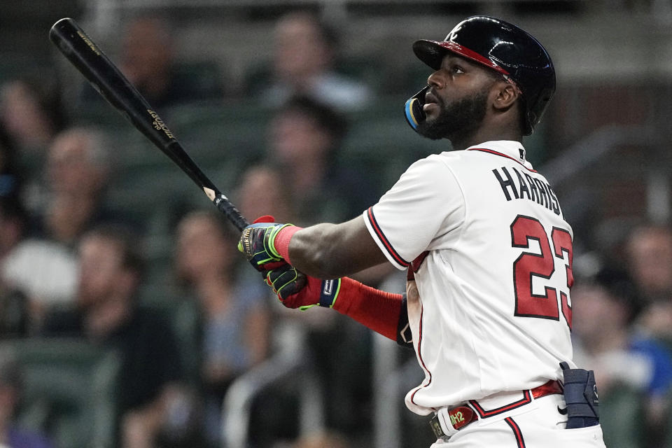 Atlanta Braves center fielder Michael Harris II (23) watches his two-run home run in the eighth inning of a baseball game against the New York Mets, Wednesday, June 7, 2023, in Atlanta. (AP Photo/John Bazemore)