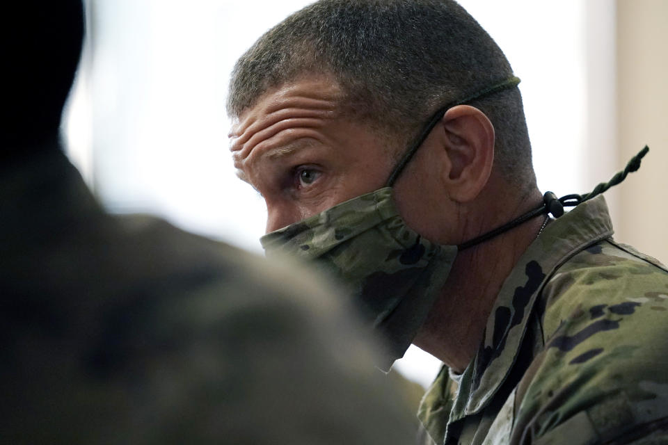 Sergeant Major of the Army Michael Grinston gets feedback from soldiers about their concerns at Fort Hood, Texas, Thursday, Jan. 7, 2021. Following more than two dozen soldier deaths in 2020, including multiple homicides, the U.S. Army Base is facing an issue of distrust among soldiers. (AP Photo/Eric Gay)